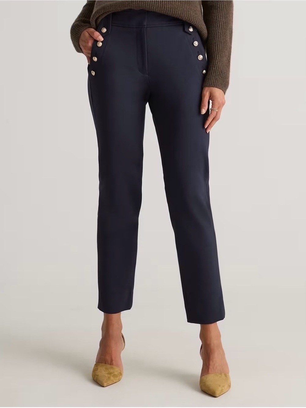 Quince navy blue ultra stretch ponte mariner pants button nautical womens XL